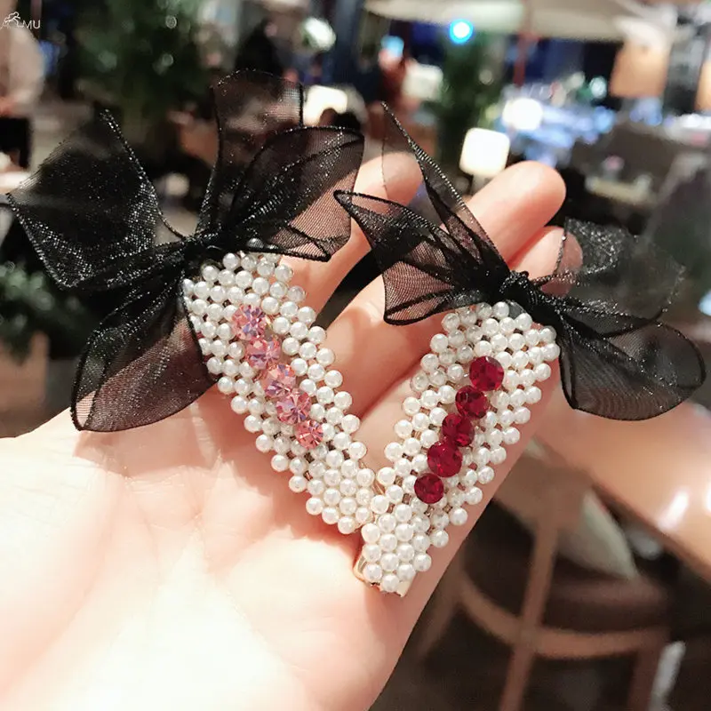 

AOMU Korea Fashion Imitiation Pearl Crystal Hair Clips Yarn Bowknot Metal Gold Hairpins Geometric Waterdrop Hair Accessories