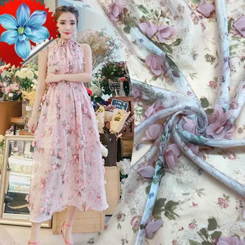 

Free Shipping T-stage Cloth 3D Chiffon Flowers Print Chiffon Lace Fabric One-piece Width 140cm 1meter