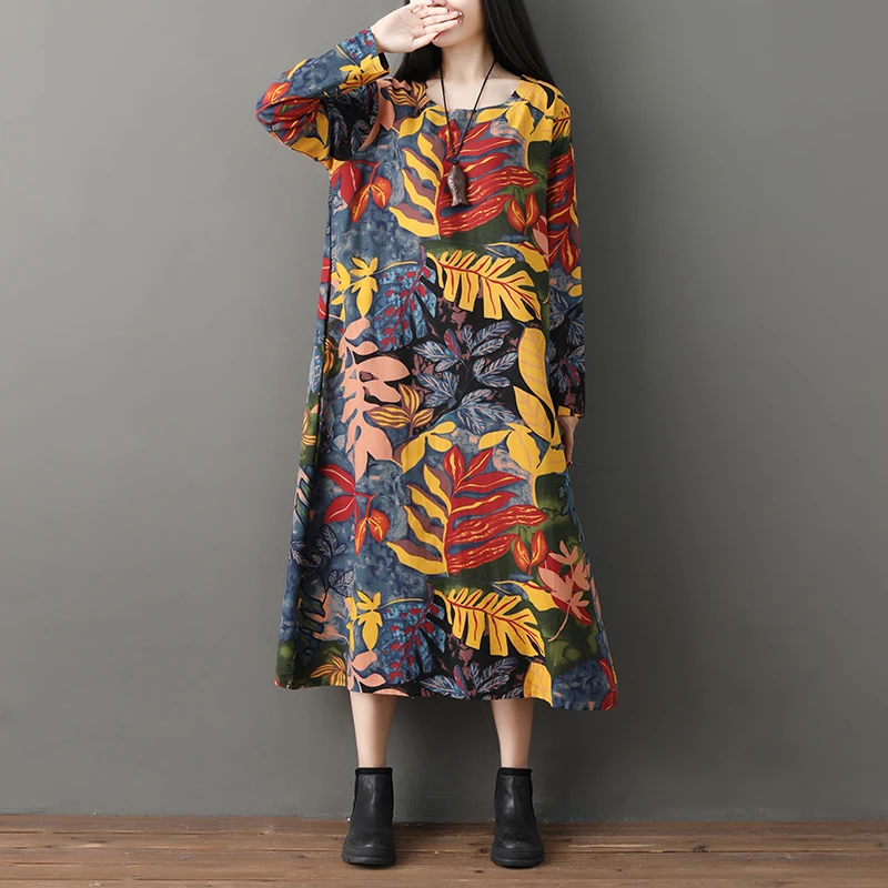 

Fashion 2019 New Autumn Winter Women Dresses Casual Loose Cotton linen Dress Long Sleeve O-Neck Print Floral Vintage Dress