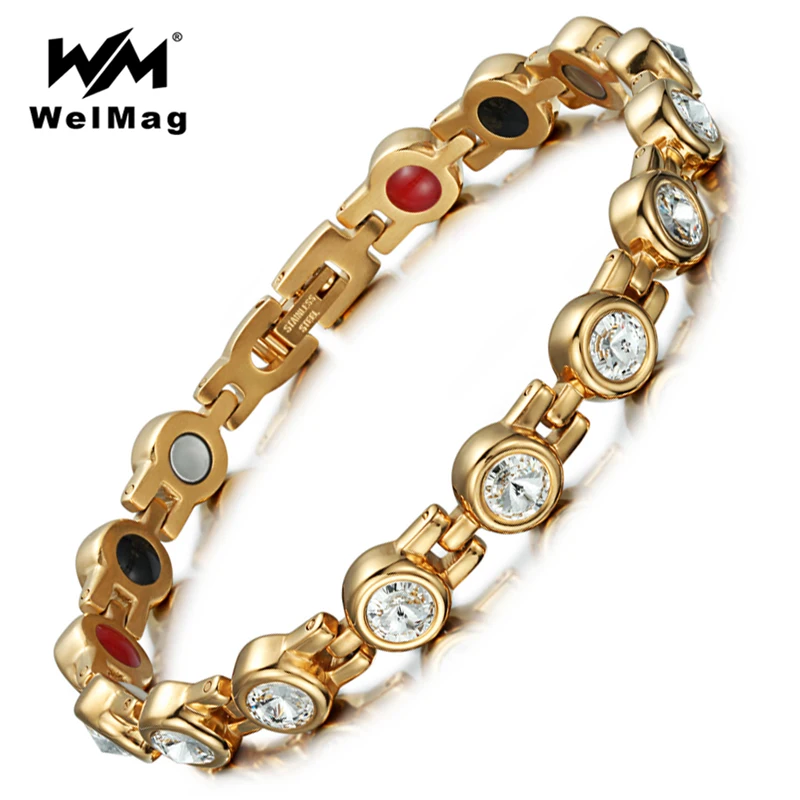 

WelMag Stainless Steel Rhinestone Bracelets for Women Healing Magnetic Bracelets Bangles Crystal Elegant Hand Chain for Health