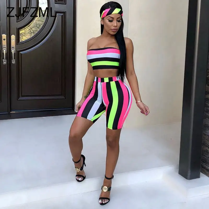 

ZJFZML 2019 Fashion Striped Sexy Three Piece Set Women Head Scarf+Strapless Tops+Bodycon Shorts Suits Summer Boho Beach Outfits