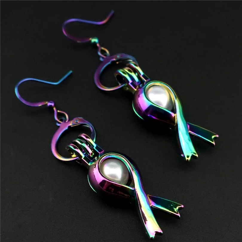 

C-E285 Rainbow Drop Earrings Breast Cancer Ribbon Sign Cage Oyster Pearl Dangle Hook Earrings For Women DIY Locket Jewelry