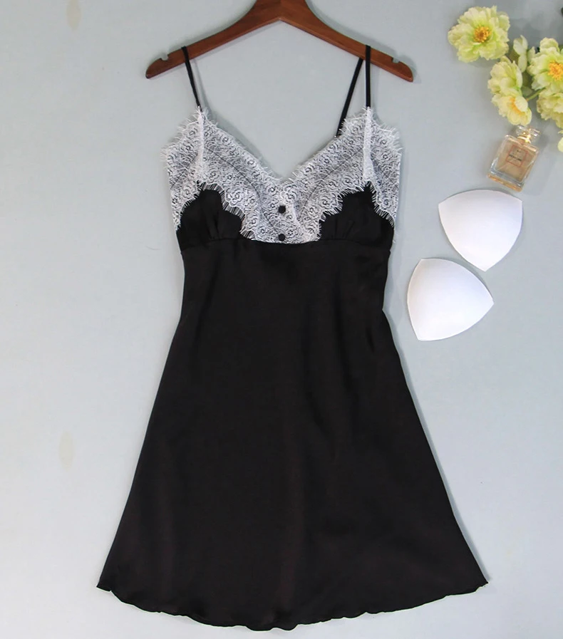 Queenral Пижама женская летняя ночная рубашка женское белье сексуальное домашнее платье Ночная рубашка для женщин с v-образным вырезом без рукавов ночная рубашка - Цвет: black
