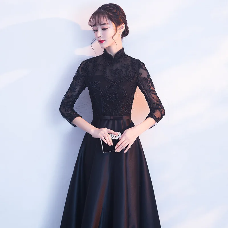 Традиционная Кружевная аппликация вечернее платье Элегантное семь четвертей рукав китайский Cheongsam женское винтажное Qipao размер S-3XL