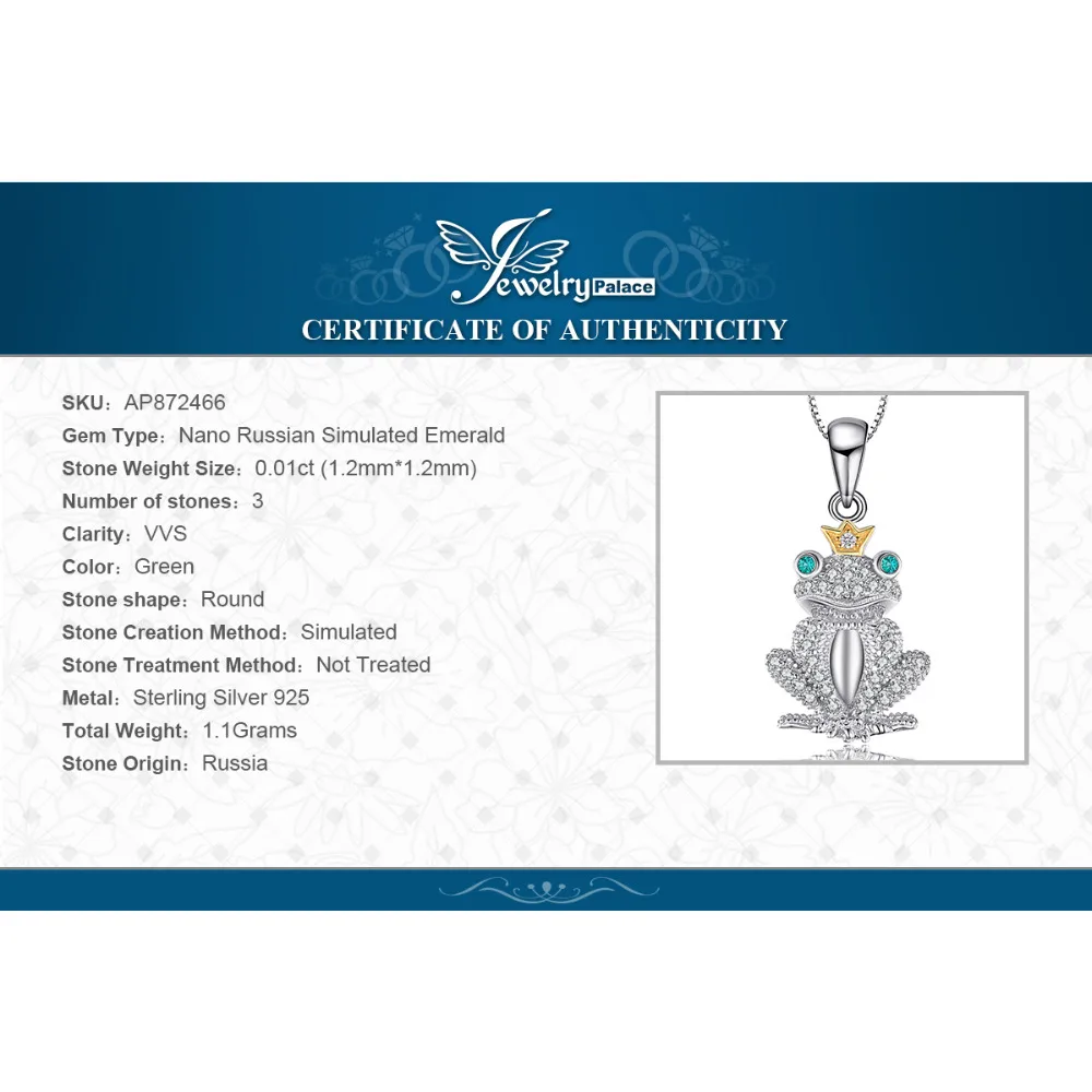 JewelryPalace Frog Modeling 0.1ct Nano Russian Simulated Emeralds Crown Pendant 925 Sterling Silver Jewelry Not Include A Chain