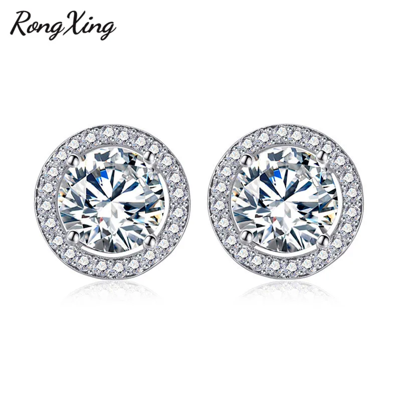 

RongXing 925 Sterling Silver Filled White Zircon Round Stud Earrings For Women Wedding Fashion Jewelry Vintage Earrings Ear0773