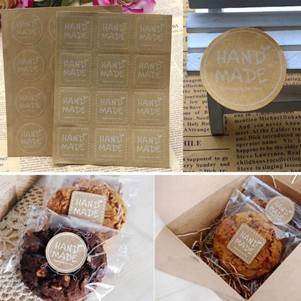 

120pcs "HANDMADE" Round Square Stickers Merry Christmas Gift Packing Kraft Paper Label, For Baking Package Box / Bags / Label