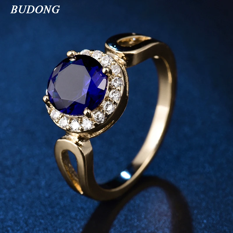

2017 BUDONG Charming Women Halo Big Finger Band Gold Color Ring Round Cut Blue Crystal Zircon Wedding Jewelry R329