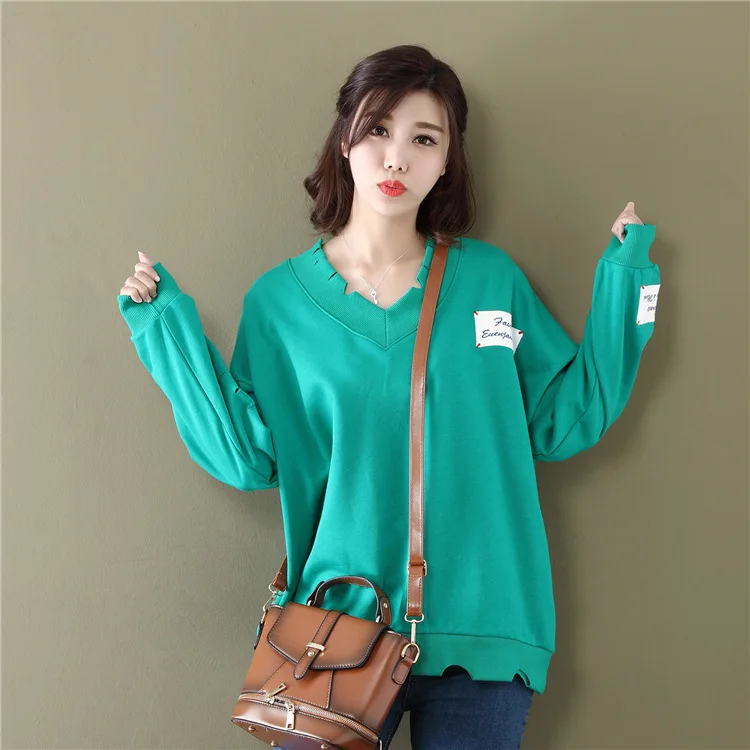 2017 Autumn Oversized T-shirt Female Yellow Fashion Loose Solid Color Patch V-neck Long Sleeve T-shirt Plus Size Black T Shirt