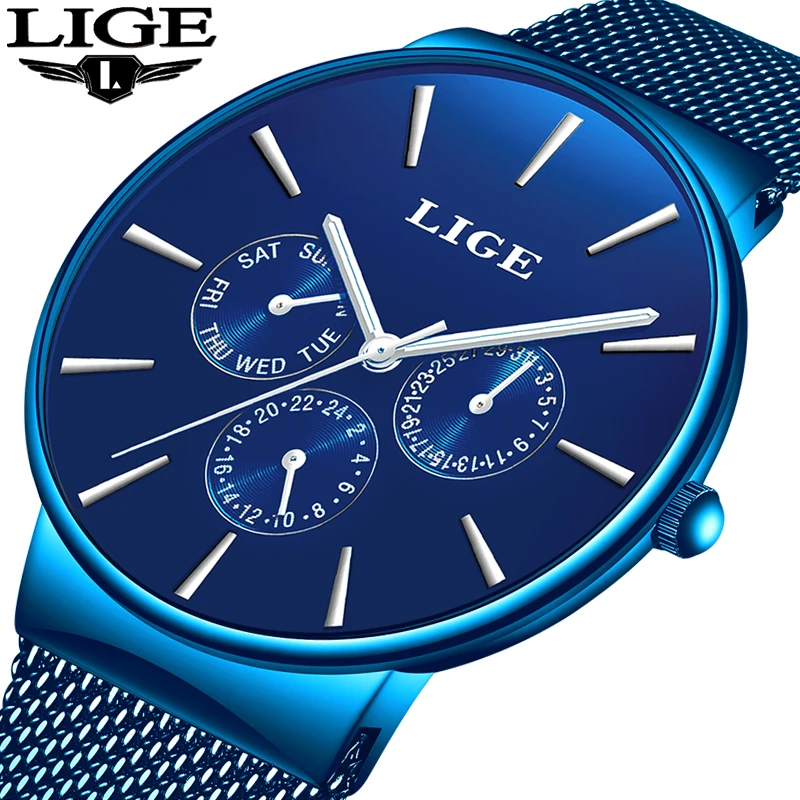 

Mens Watches LIGE Top Brand Luxury Waterproof Ultra Thin Date Clock Male Mesh Belt Casual Quartz Watch Men Sports Wrist Watch
