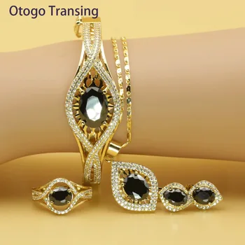 

Otogo Transing High Quality Jewelry set gold color Cristal party Tray Black Crystal For Women Necklace/Ring/Earrings-SET201