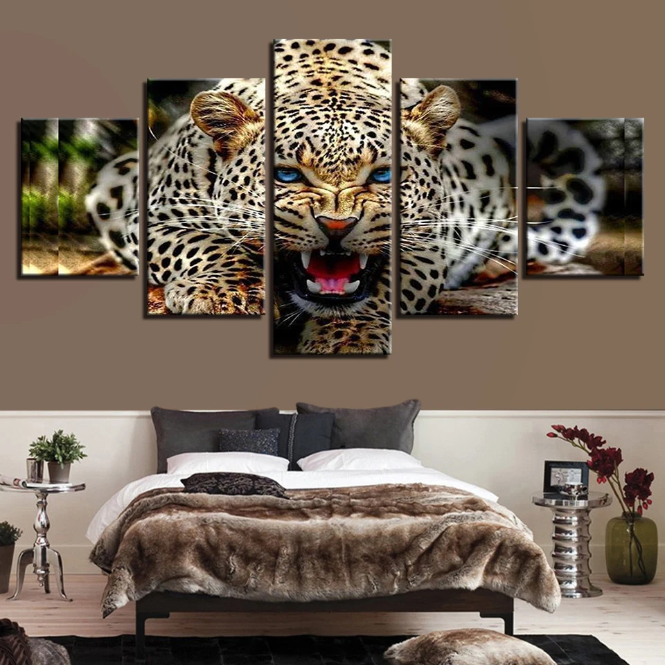 Canvas Printed Wall Art Animal Pictures 5 Panel Ferocious Leopard