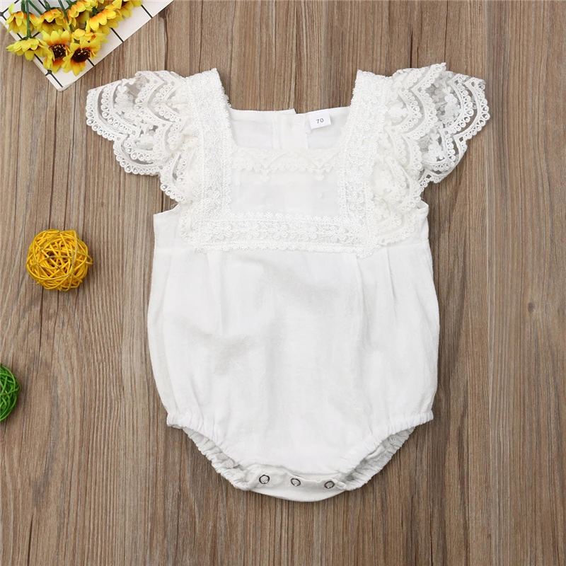 

2019 Summer Cute Newborn Toddler Baby Girl Clothes Lace Fly Sleeve Bodysuit Jumpsuit Outfits Set