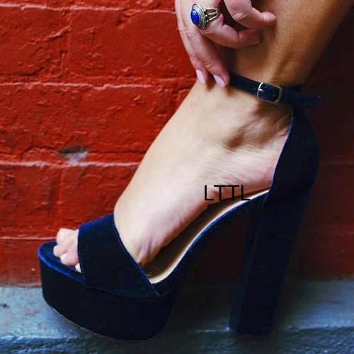 

Awesome Dark Blue Velvet Chunky Heel Platform Sandals Women Trendy Line Buckle Style Open Toe Block High Heel Dress Sandals Hot