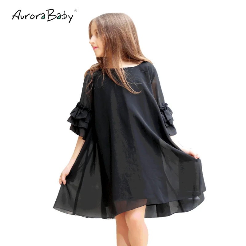 Летнее черное шифоновое платье для девочек; Классная детская одежда с рюшами на рукавах; одежда для подростков; вечерние платья для маленьких и больших девочек