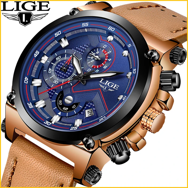

Relogio Masculino LIGE Fashion Sports Quartz Big Dial Clock Mens Watches Top Brand Luxury Military Leather Waterproof Watch men