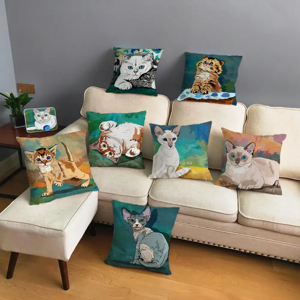 Colorful Cute Cartoon Cat Print Throw Pillow Cover 45*45cm Cushion