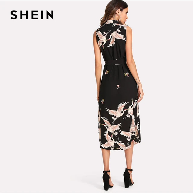 SHEIN Floral Crane Print Button Up Curved Hem Dress Women Sleeveless Belted Chiffon Shirt Dress 2018 Summer Beach Boho Dress 1