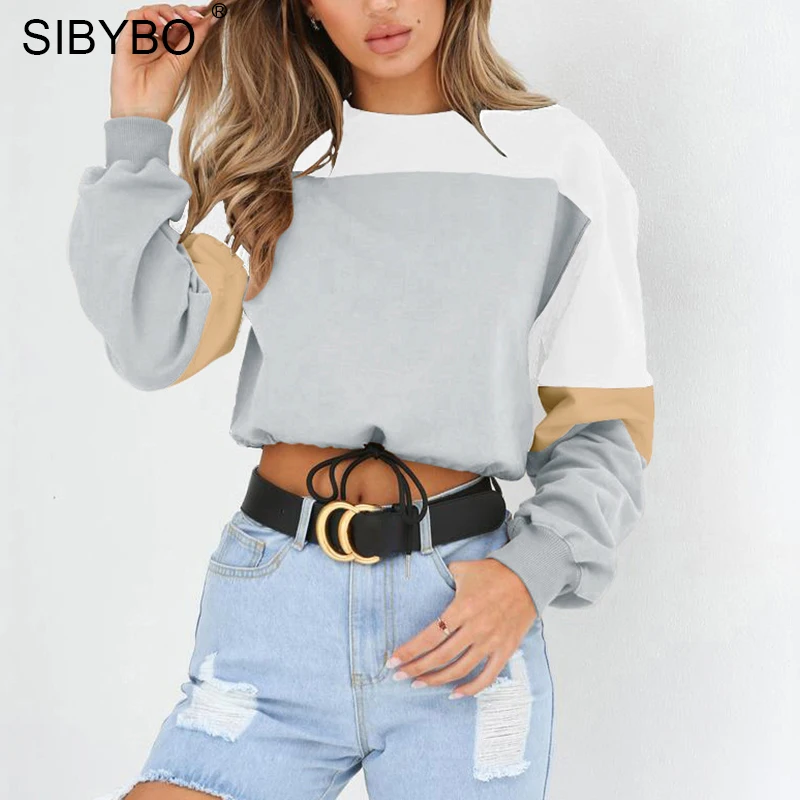 Goedkoop Sibybo Kleuren Patchwork Katoen Vrouwen Hoodies Sweatshirts Herfst Lange Mouwen Koord Trui Crop Top Toevallige Sweater Vrouwen