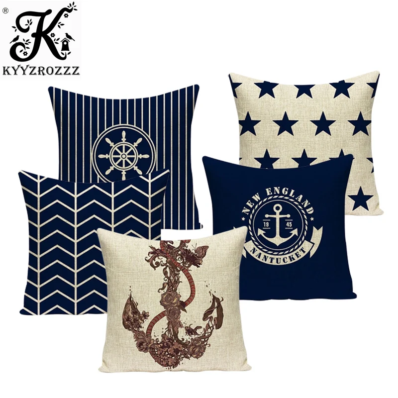 

Customized Pillowcases Blue Sea Nautical Buoy Anchor Cushions Cover Cotton Linen Anchor Geometric Sailing Printed Home Decor