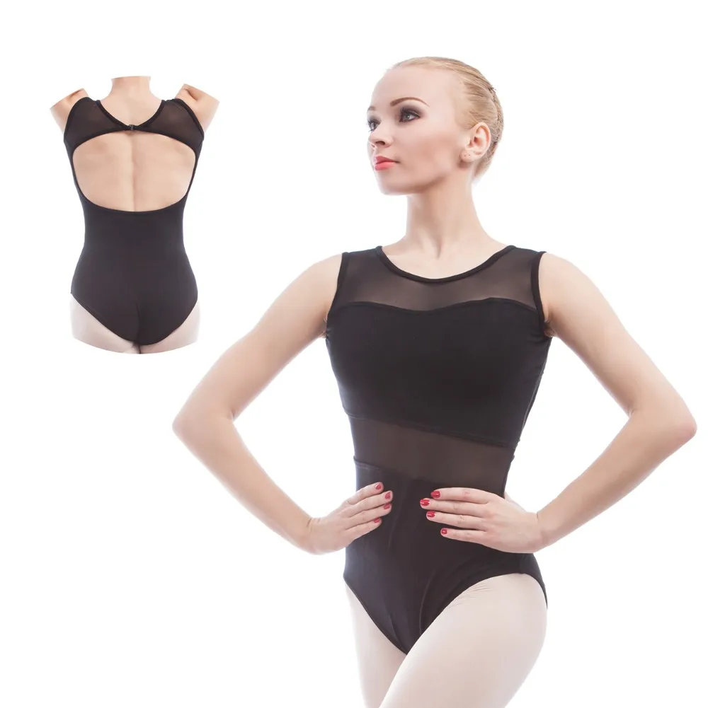 Women Stylish Black Tank Sleeve Ballet Leotard W/sexy Mesh Cut Back,ballerina Professional