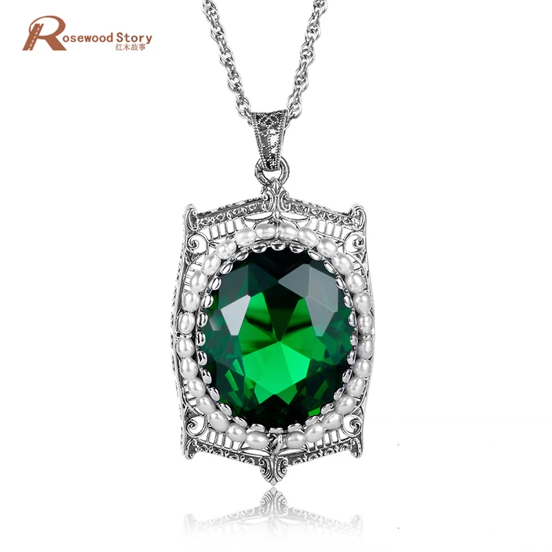 

fashion women jewelry Retro personality natural pearl pendant created emerald stone soild 925 sterling silver pendant necklace