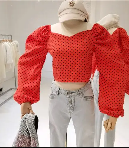 SS2019 Винтажный стиль сексуальный горошек Блузка Топ женский укороченный топ бюстье силуэт женские блузки