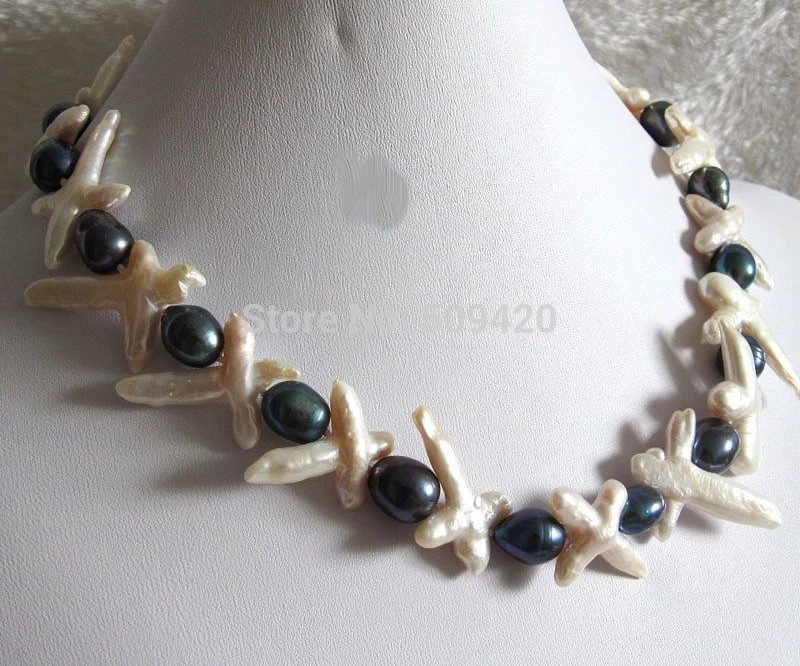 

~~ Free Shipping 18" 10-11mm Peacock Rice White Small Cross Freshwater Pearl Necklace