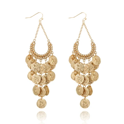 docona Gypsy Gold Color Hollow Leaf Coin Pendant Earrings for Women Metal Long Tassel Drop Dangle Earring Pendientes 6643 6643