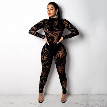 

Women Bamboo Leaves Print Mesh O-Neck Long Sleeve Jumpsuits Sexy Hollow Out See Though Rompers Slim Night Club Party Outfits