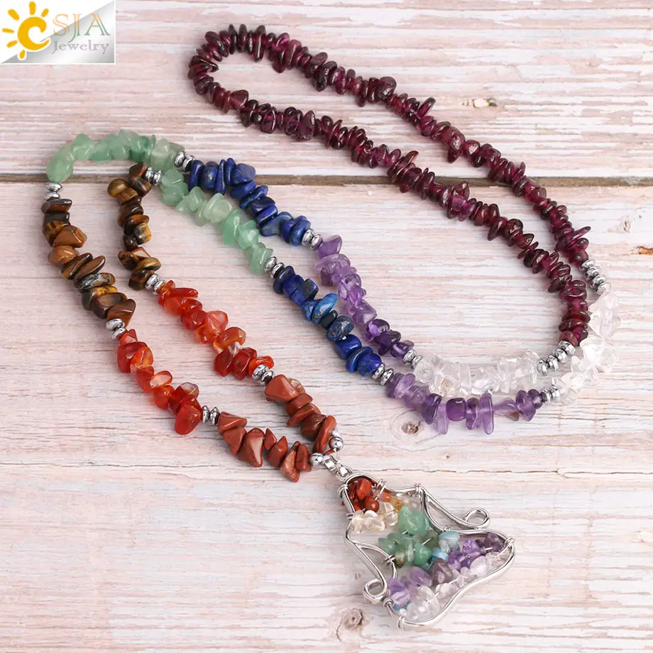 CSJA Healing Yoga 7 Chakras Beads Pendants Long Necklaces Women Natural Stone Chip Statement Necklace Chain Reiki Jewellery S407
