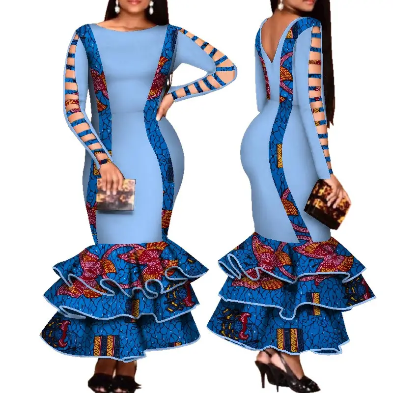 

African Dress for Women Hollow Bandage Long Sleeve Mermaid Maxi Dresses Women Plus Size Sexy Backless Wedding Party Dress WY426