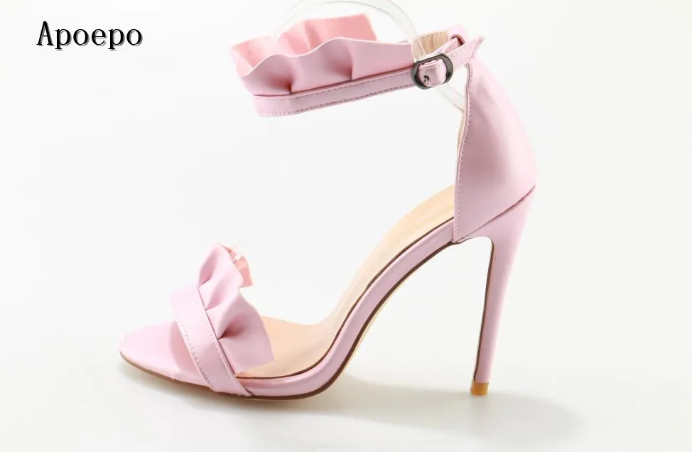 

New Brand Pink Leather Ruffles Decorations high heel sandal 2018 summer sexy open toe buckle strap shoes woman sandal