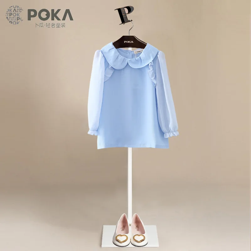 

POKA's 2016 Spring Girls Long Sleeve Shirt Kids Girls Blue Chiffon Shirts Children Girl Summer Clothing Free Shipping