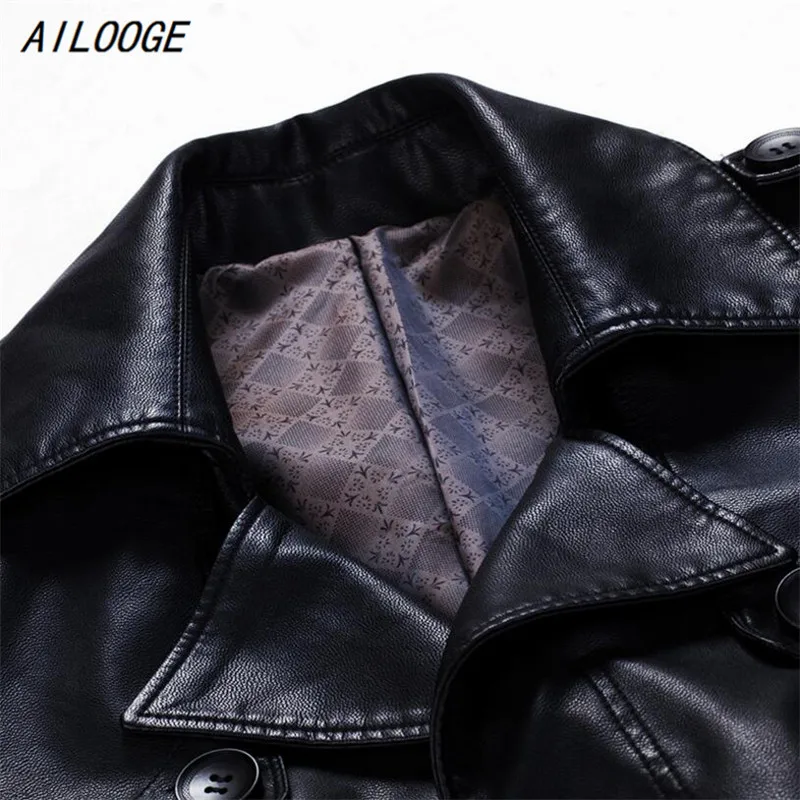 AILOOGE,, M-3XL, хит, мужской,, Деловой, Повседневный, кожаный Тренч, тонкий, двубортный, утолщенный, длинный, кожаный, пальто