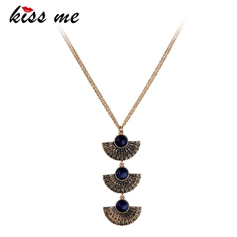 

KISS ME Long Double Chain Crystal Fan shape Pendant Necklace Fashion Jewelry 2017 New Women Bijoux