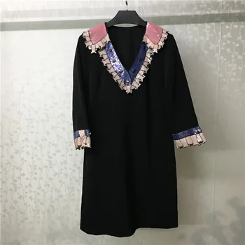 

Women Dress New 2019 Black Dress Women's Long Sleeve Dress High Quality Sequined V-Neck Dress