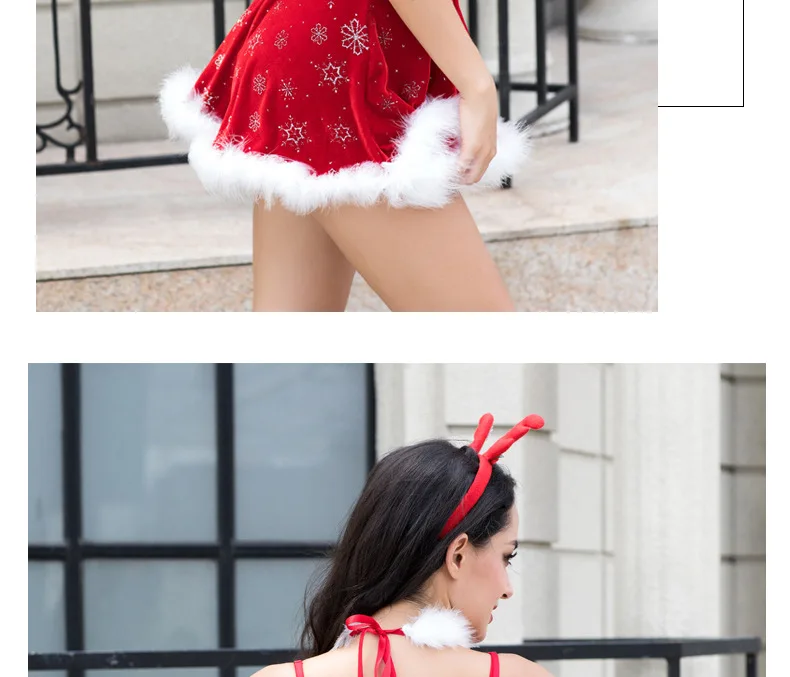 Сексуальный Рождественский костюм для взрослых Для женщин ролевые миссис Санта Клаус костюмы на бретелях с v-образным вырезом и бантом на поясе с мехом для девочек в стиле ночного клуба вечерние форма