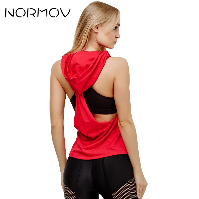

NORMOV Hooded Tank Top Women Off Shoulder Running Yoga Shirt Female Summer Fitness Clothing Sleeveless Open Back Top Femme
