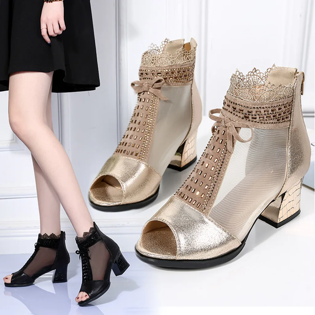 

Women's Ladies Fashion Peep Toe Bowknot Crystal Casual Shoe Sandals Zipper Square heel Cover Heel rhinestone BLING Summer Spring