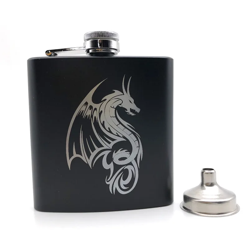Alalinong DragonTotem Black Hip Flask 6 Oz Stainless Steel Personalized Laser Engraved Dragon For Whiskey Liquor Alcohol |