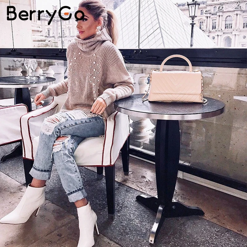 Günstige BerryGo Perlen rollkragen plus größe gestrickte pullover Lose split casual pullover Frauen 2018 Herbst winter langarm jumper