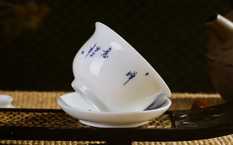 Голубая и белая фарфоровая чайная чашка/Gaiwan с традиционной китайской ручной росписью Цикада живопись CN-01-03