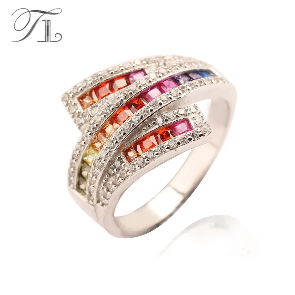 

TL Rainbow Cubic Zirconia Fashion 925-Sterling-Silver Rings For Women Inlay With Austria Zircon Unique Design Silver Rings