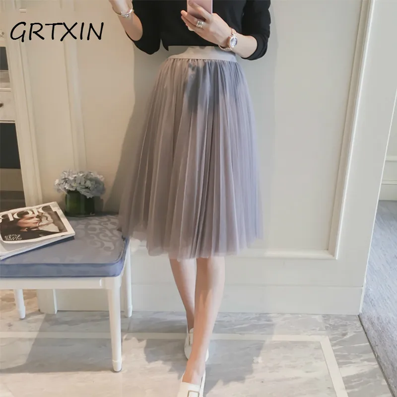 Womens Skirt 2019 Summer Midi Tulle Skirts Female A-line High Waist Tutu Pleated Skirts For Women School Sun Skirt Black