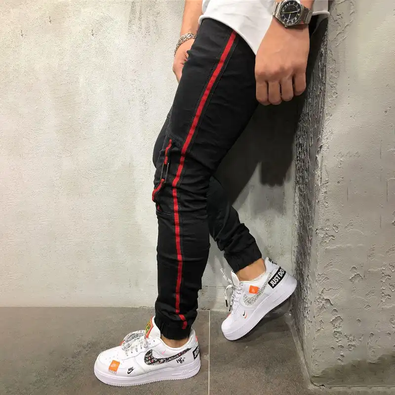 biker jeans with red stripe