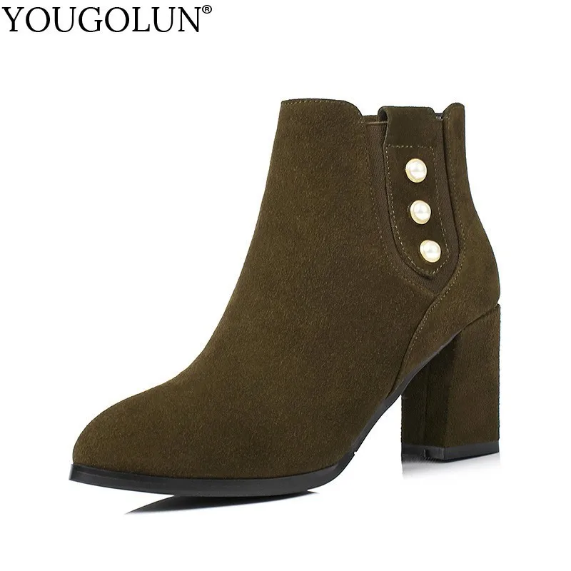 

YOUGOLUN Women Nature Suede Ankle Boots Autumn New Lady Pointed toe Shoes Beading Woman Army Green Black High Thick Heels #B027