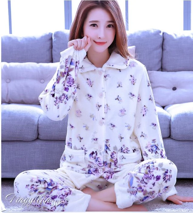 女性パジャマパジャマスーツ厚く暖かいかわいい Sleepingwear 女の子コーラルフリースパジャマ女性フランネルホームウェア D 2100 パジャマセット Aliexpress