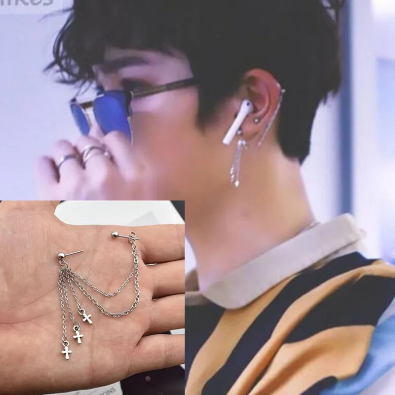 

1pcs Fashion Men Women Bigbang G-Dragon nique Silver Hoop 3 Cross Drop Dangle Ear Studs Earrings Party Punk GD Earring Jewelry