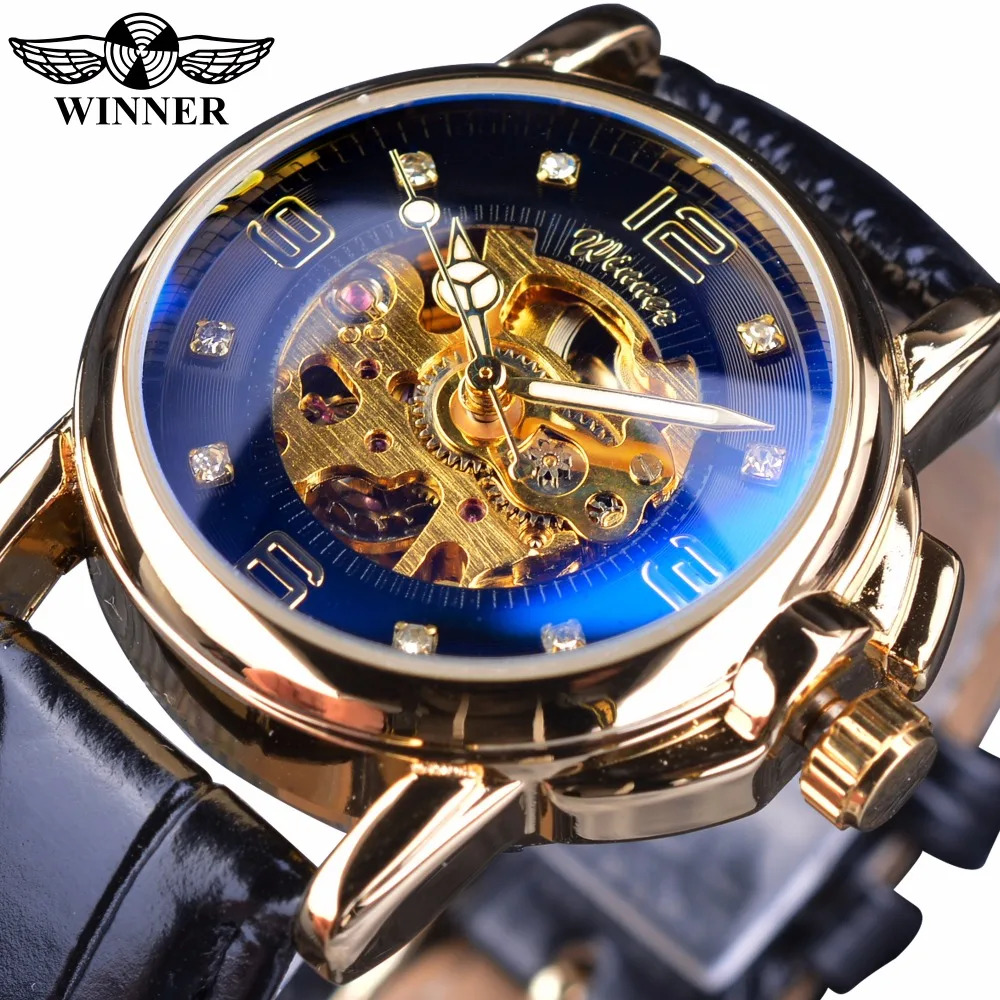 Caixa de Ouro Esqueleto a Céu Vencedor Azul Vidro Gravar Senhora Design Feminino Aberto Moda Casual Masculino Relógios Mecânicos Marca Superior Luxo